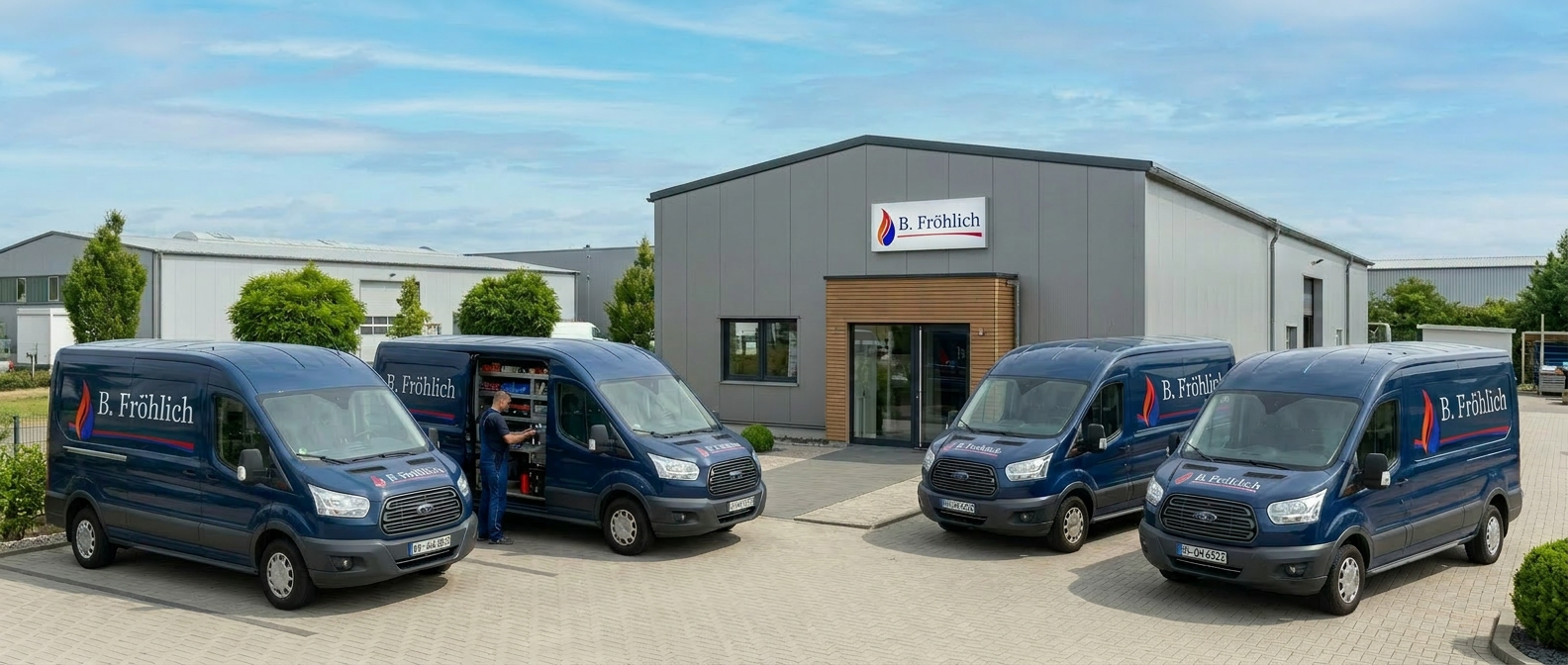 Team der B. Fröhlich Haustechnik & Service GmbH vor Firmenfahrzeug